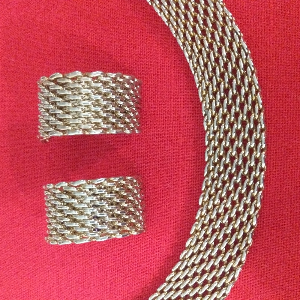 Metal gold and silver color basket weave Choker and Earrings Set